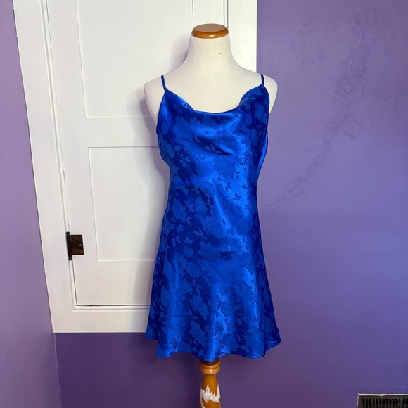 Lulus Royal Blue Slip Dress‎ Floral Satin Cowl Neck Mini Party Dress Large - Picture 2 of 9